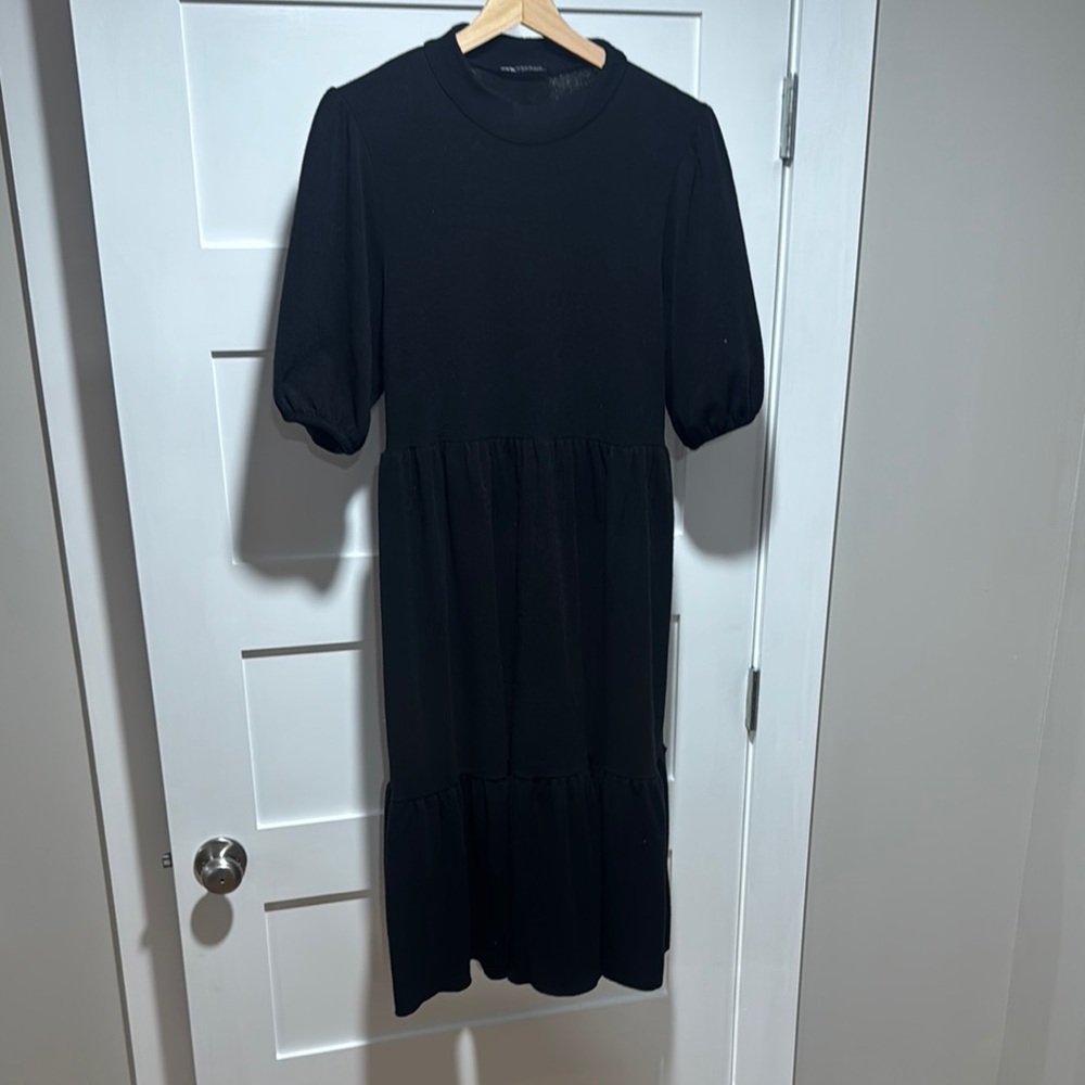 Zara Black Midi Dress with 3/4 Puff Sleeves Crew Neck